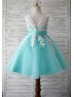 Turquoise Tulle Ivory Lace V Back Knee Length Flower Girl Dress  Turquoise Tulle Ivory Lace V Back Knee Length Flower Girl Dress